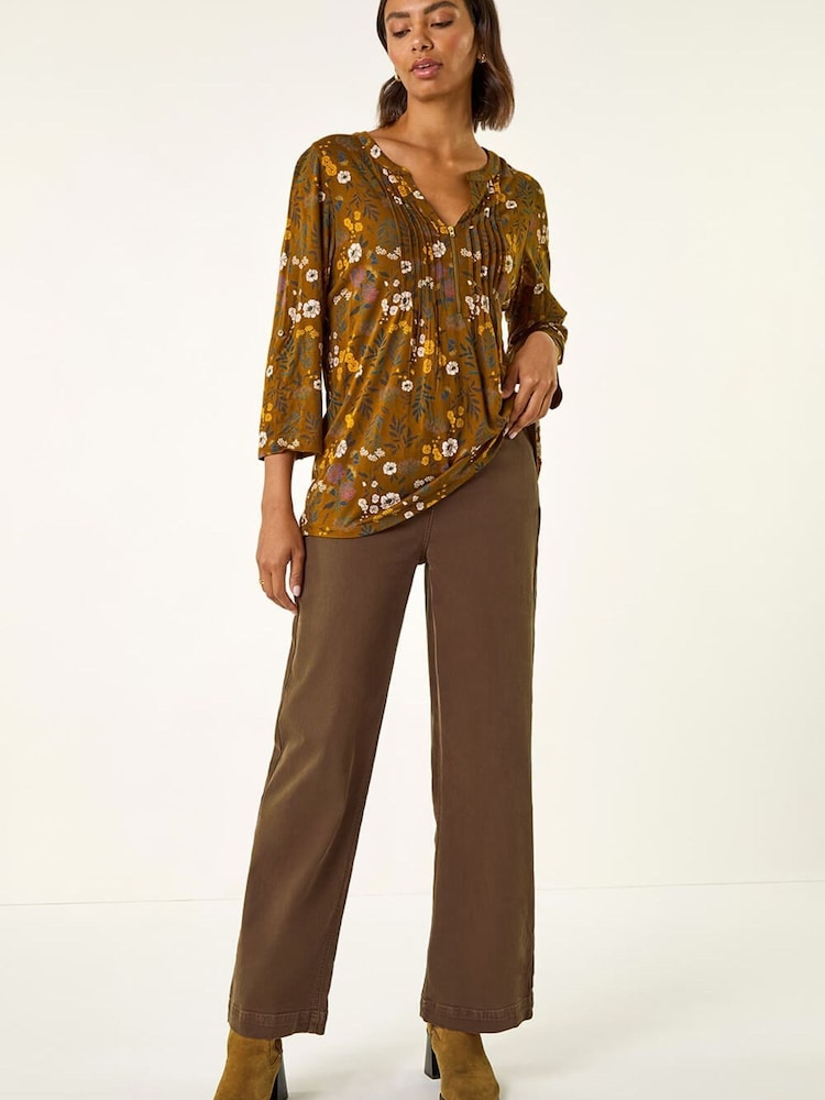 Roman Brown Textured Floral Pintuck Tunic Top - Image 2 of 5