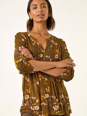 Roman Brown Textured Floral Pintuck Tunic Top - Image 4 of 5