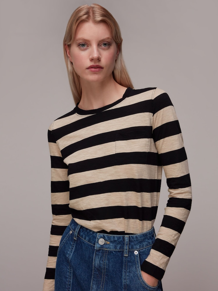 Whistles Black Stripe Crew Neck Pocket 100% Cotton Top - Image 1 of 5