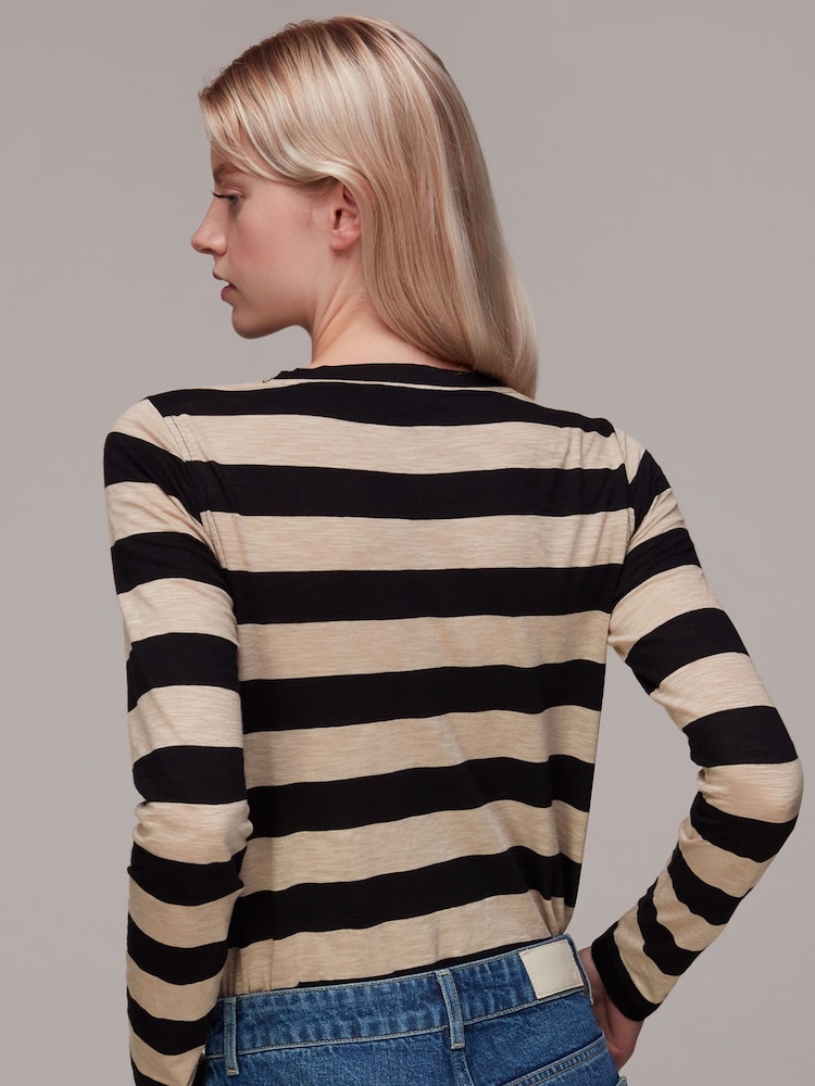 Whistles Black Stripe Crew Neck Pocket 100% Cotton Top - Image 2 of 5