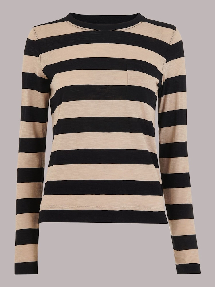 Whistles Black Stripe Crew Neck Pocket 100% Cotton Top - Image 5 of 5