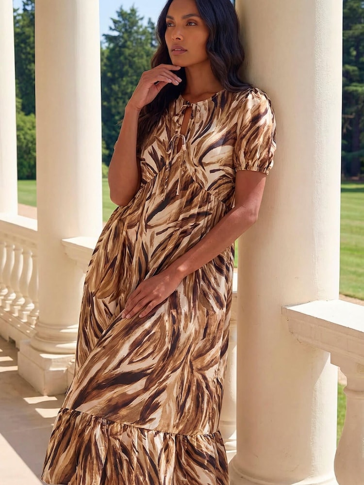 Roman Brown Abstract Print Tie Front Smock Dress - Image 1 of 4