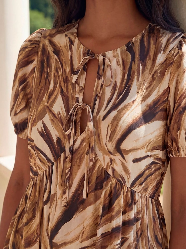 Roman Brown Abstract Print Tie Front Smock Dress - Image 4 of 4