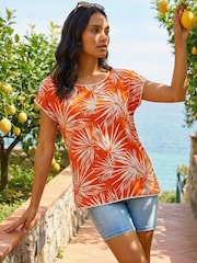 Roman Orange Leaf Print Bobble Trim Top - Image 1 of 4