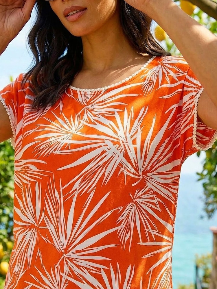 Roman Orange Leaf Print Bobble Trim Top - Image 2 of 4