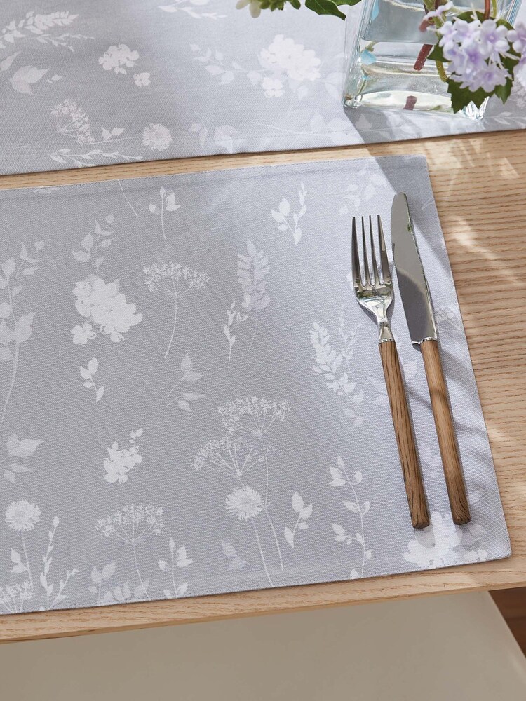 Catherine Lansfield 4 Pack Grey Meadowsweet Floral Wipeable 100% Cotton Placemats - Image 1 of 3 Catherine Lansfield 4 Pack Grey Meadowsweet Floral Wipeable 100% Cotton Placemats - Image 1 of 3