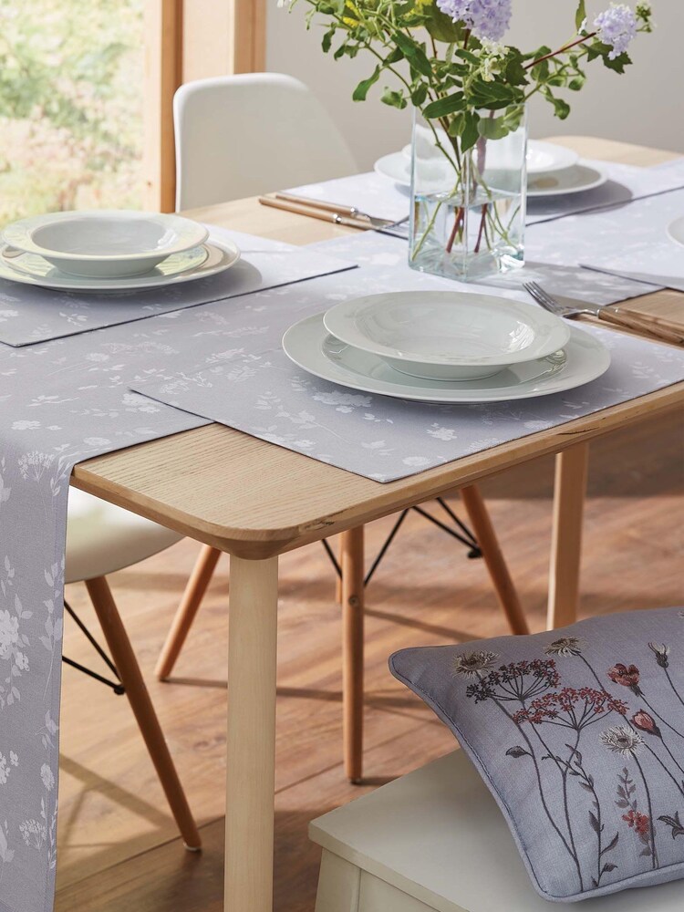Catherine Lansfield 4 Pack Grey Meadowsweet Floral Wipeable 100% Cotton Placemats - Image 2 of 3 Catherine Lansfield 4 Pack Grey Meadowsweet Floral Wipeable 100% Cotton Placemats - Image 2 of 3