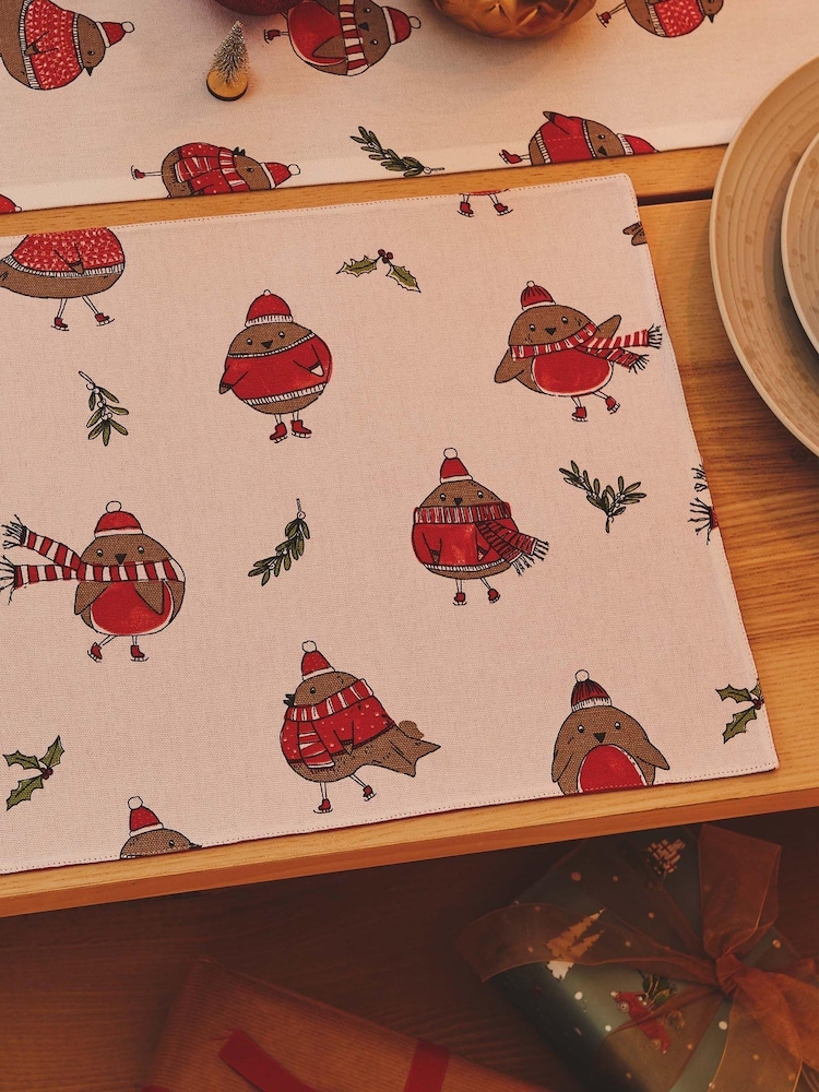 Catherine Lansfield 4 Pack Red Christmas Robins Wipeable 100% Cotton Placemats - Image 1 of 4 Catherine Lansfield 4 Pack Red Christmas Robins Wipeable 100% Cotton Placemats - Image 1 of 4