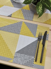 Catherine Lansfield 4 Pack Yellow Larsson Geo Wipeable 100% Cotton Placemats - Image 1 of 4