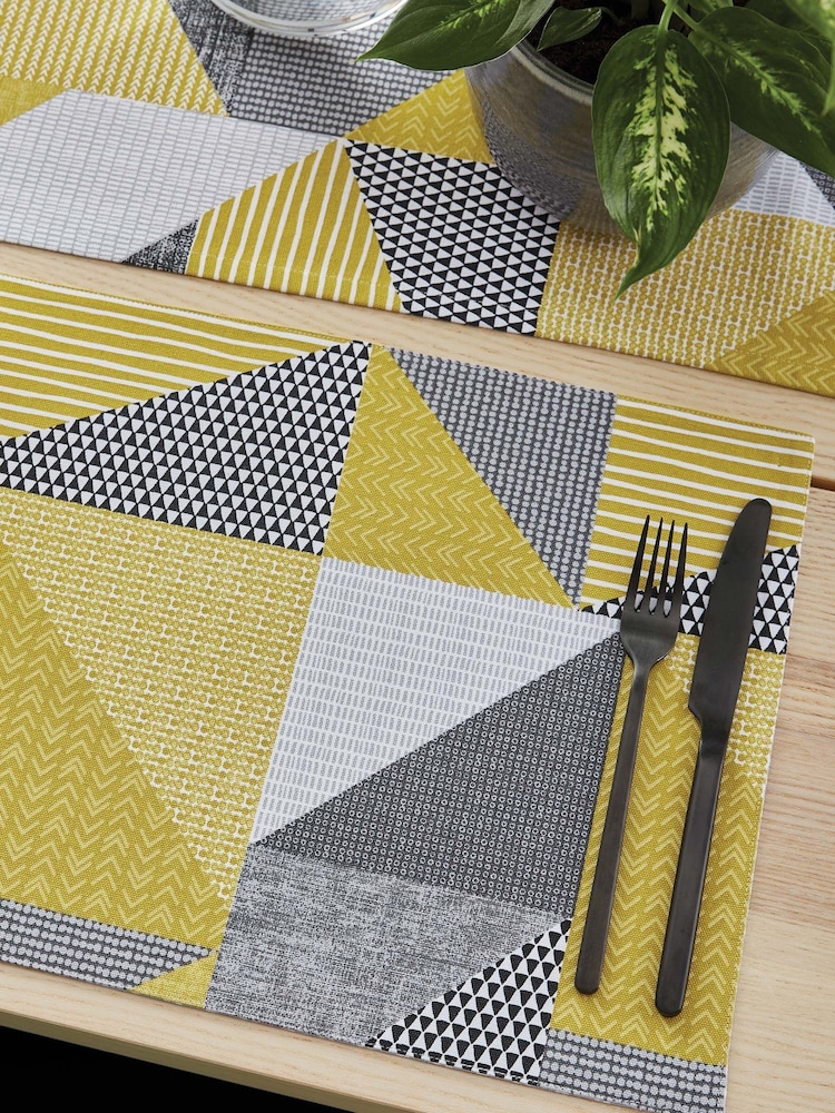 Catherine Lansfield 4 Pack Yellow Larsson Geo Wipeable 100% Cotton Placemats - Image 1 of 4