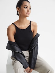 Reiss Black Louisa Crew Neck Ribbed Cami Vest Top - Image 1 of 7