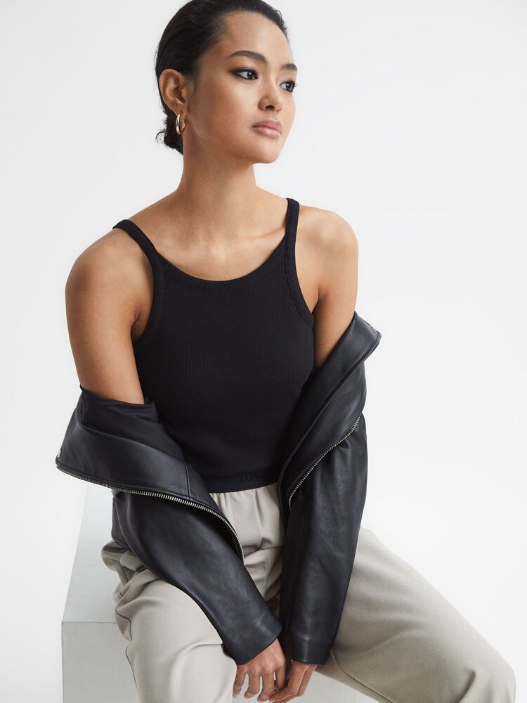 Reiss Black Louisa Crew Neck Ribbed Cami Vest Top - Image 1 of 7