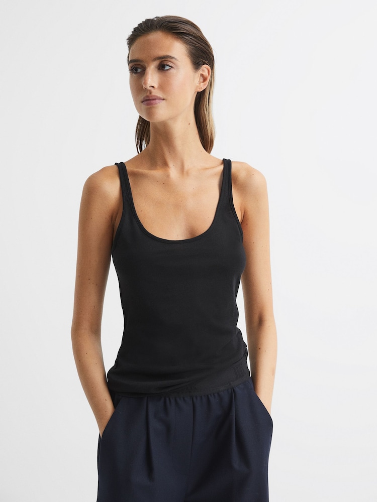 Reiss Black Arla Scoop Neck Second Skin Vest Top - Image 1 of 6