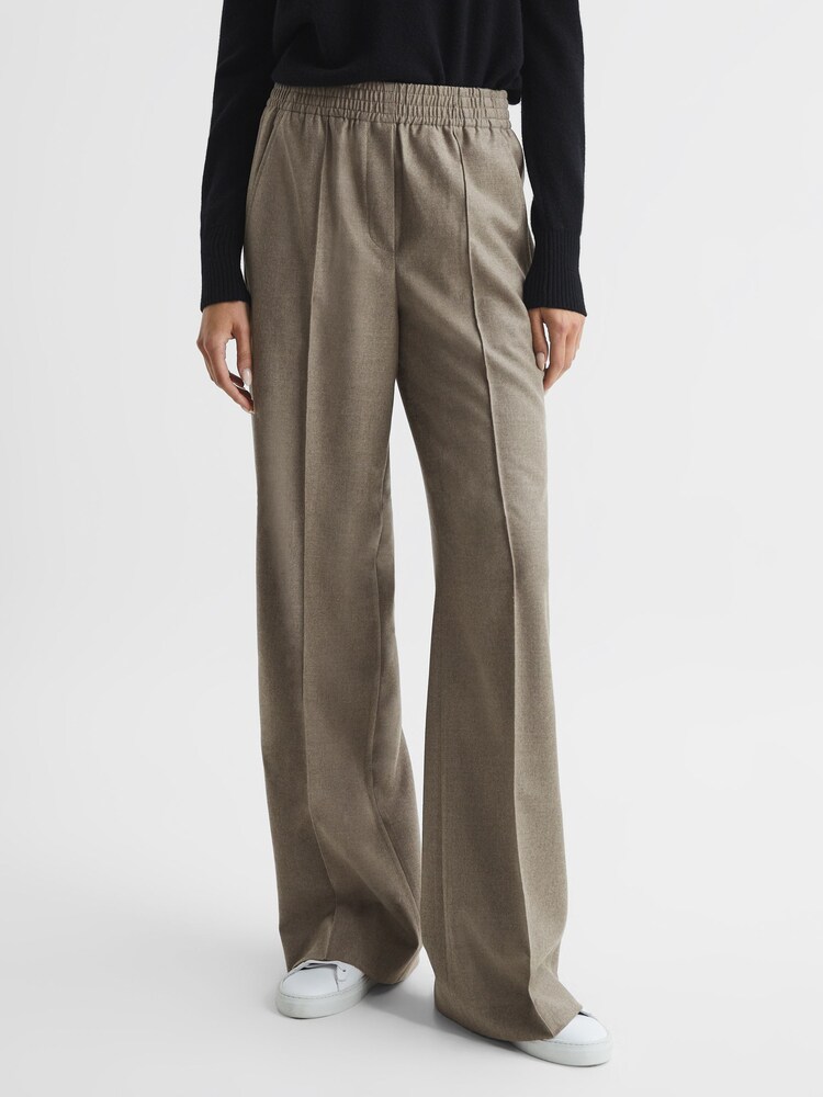Reiss Taupe Clemmie Premium Wide Leg Wool Trousers - Image 1 of 7