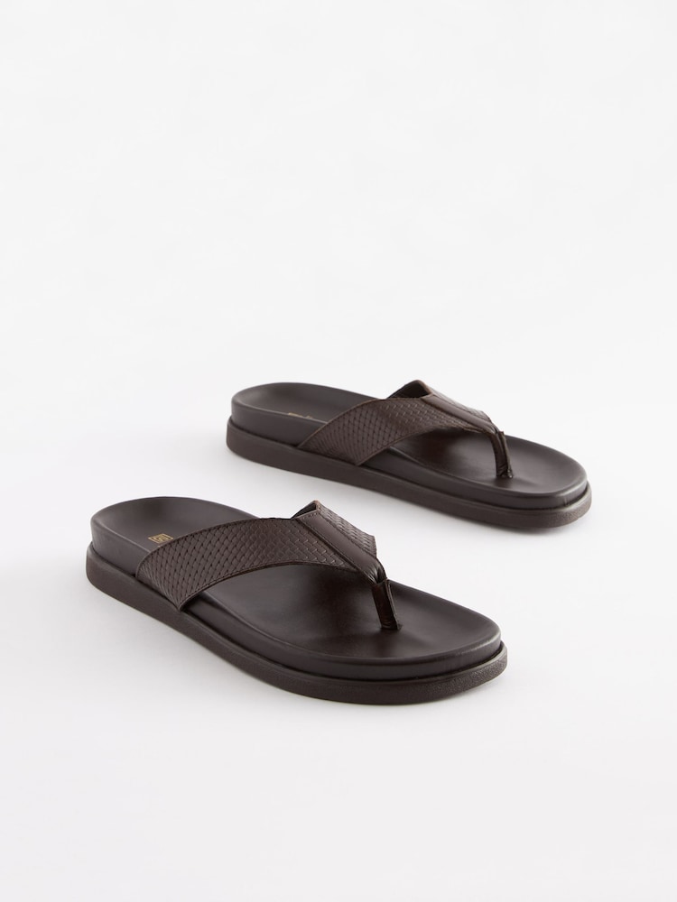 Brown Embossed Leather Flip Flops - Image 2 of 7