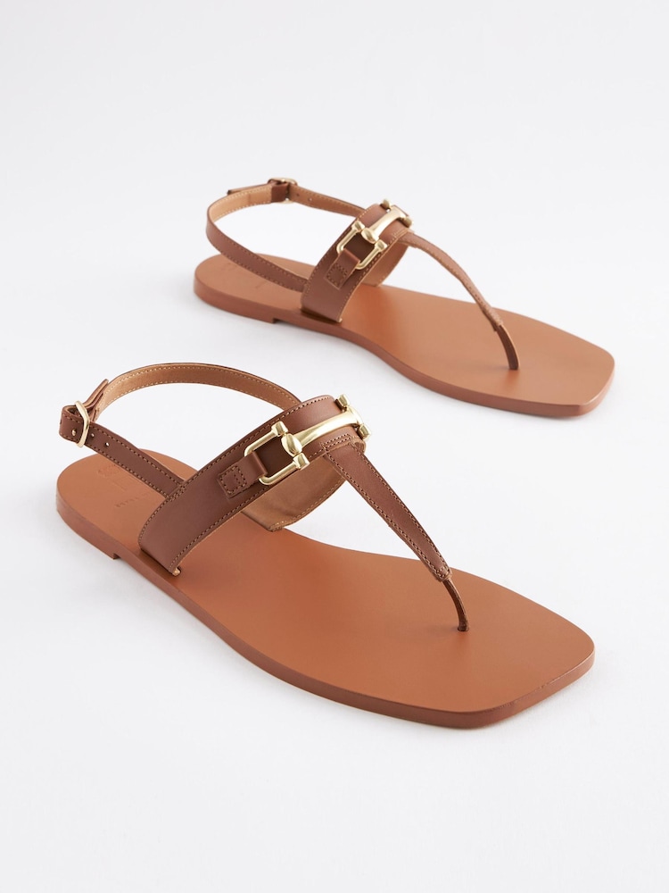 Tan Brown Extra Wide Fit Leather Toe Post Flat Sandals with Metal Detail - Image 1 of 4