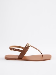 Tan Brown Extra Wide Fit Leather Toe Post Flat Sandals with Metal Detail - Image 2 of 4