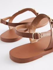 Tan Brown Extra Wide Fit Leather Toe Post Flat Sandals with Metal Detail - Image 3 of 4