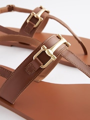 Tan Brown Extra Wide Fit Leather Toe Post Flat Sandals with Metal Detail - Image 4 of 4