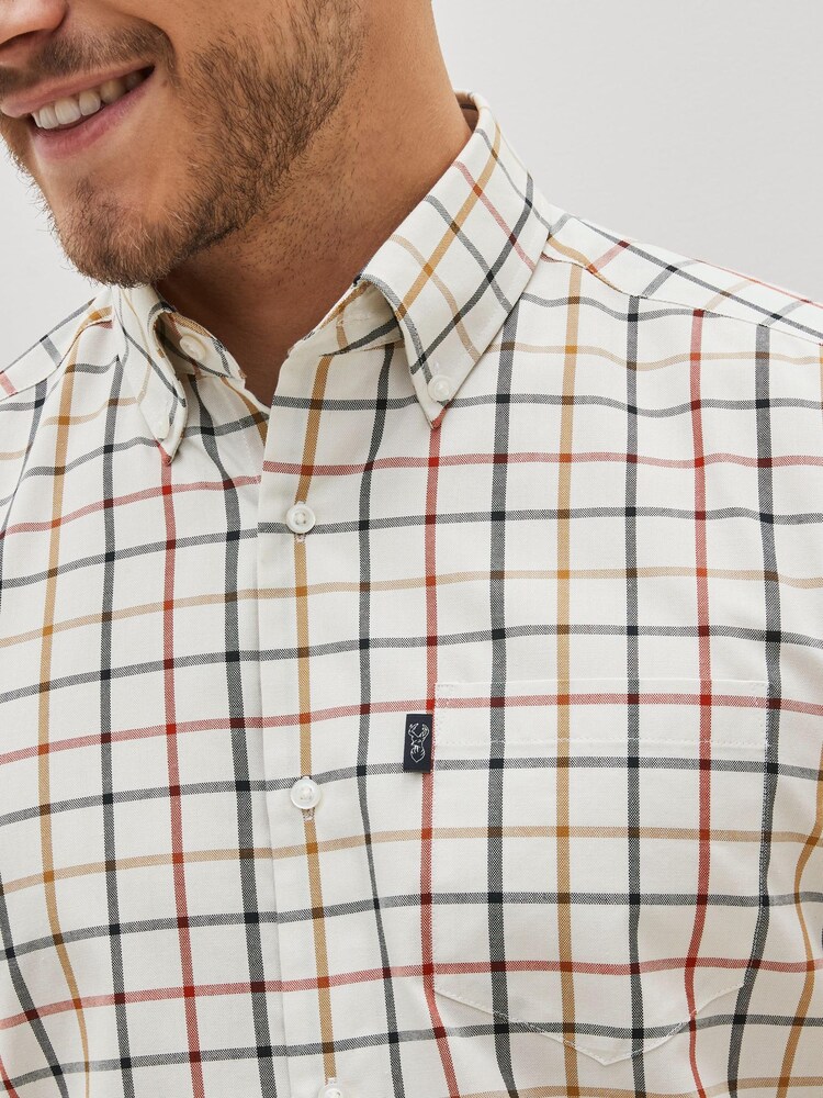 Cream/Neutral Check Regular Fit Short Sleeve Easy Iron Button Down Oxford Shirt - Image 9 of 9