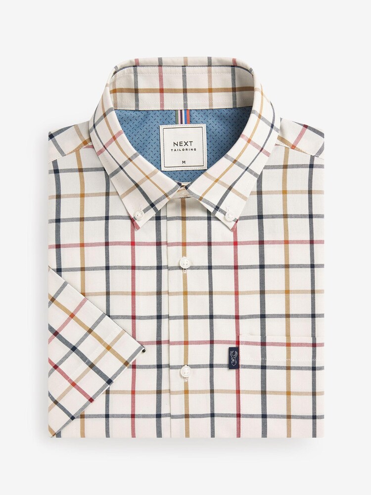 Cream/Neutral Check Regular Fit Short Sleeve Easy Iron Button Down Oxford Shirt - Image 2 of 9