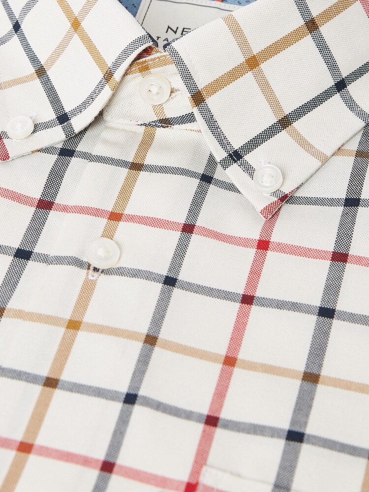 Cream/Neutral Check Regular Fit Short Sleeve Easy Iron Button Down Oxford Shirt - Image 3 of 9