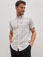 Cream/Neutral Check Regular Fit Short Sleeve Easy Iron Button Down Oxford Shirt - Image 5 of 9
