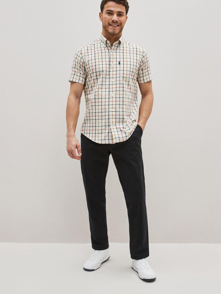 Cream/Neutral Check Regular Fit Short Sleeve Easy Iron Button Down Oxford Shirt - Image 6 of 9