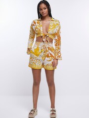 River Island Yellow Shirred Border Shorts - Image 1 of 5