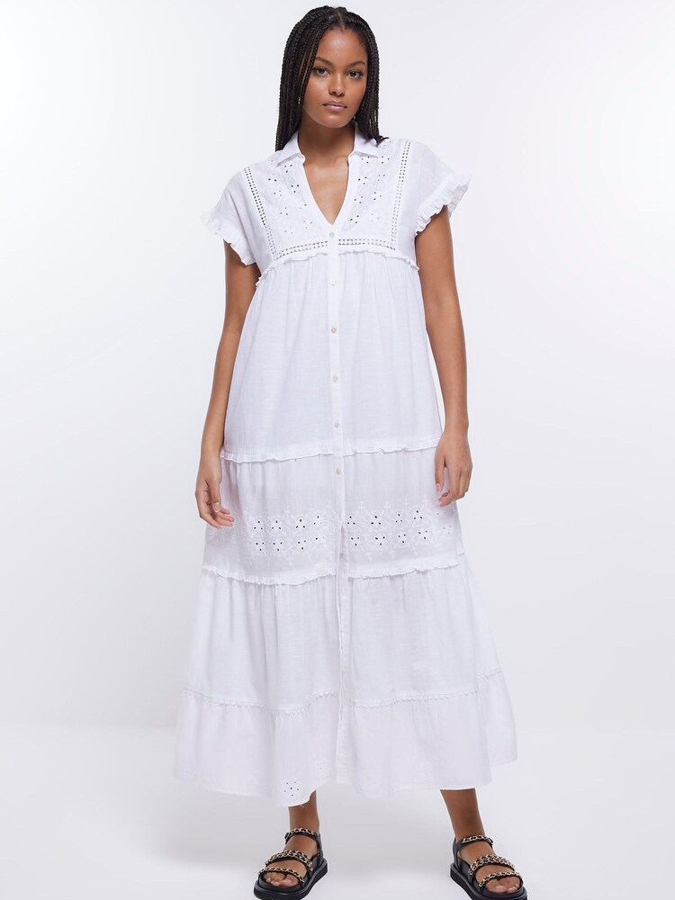 River Island White Lace Maxi Shirt Dress - Image 1 of 5 River Island White Lace Maxi Shirt Dress - Image 1 of 5