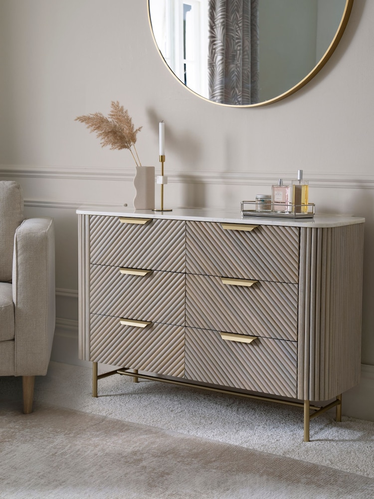 Light Grey Valencia Marble and Mango Wood 6 Drawer Chest of Drawers - Image 1 of 10