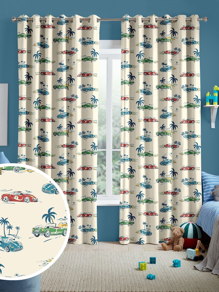 Cath Kidston Cream Kids Fast Cars Made To Measure 100% Cotton Curtains - Image 1 of 9