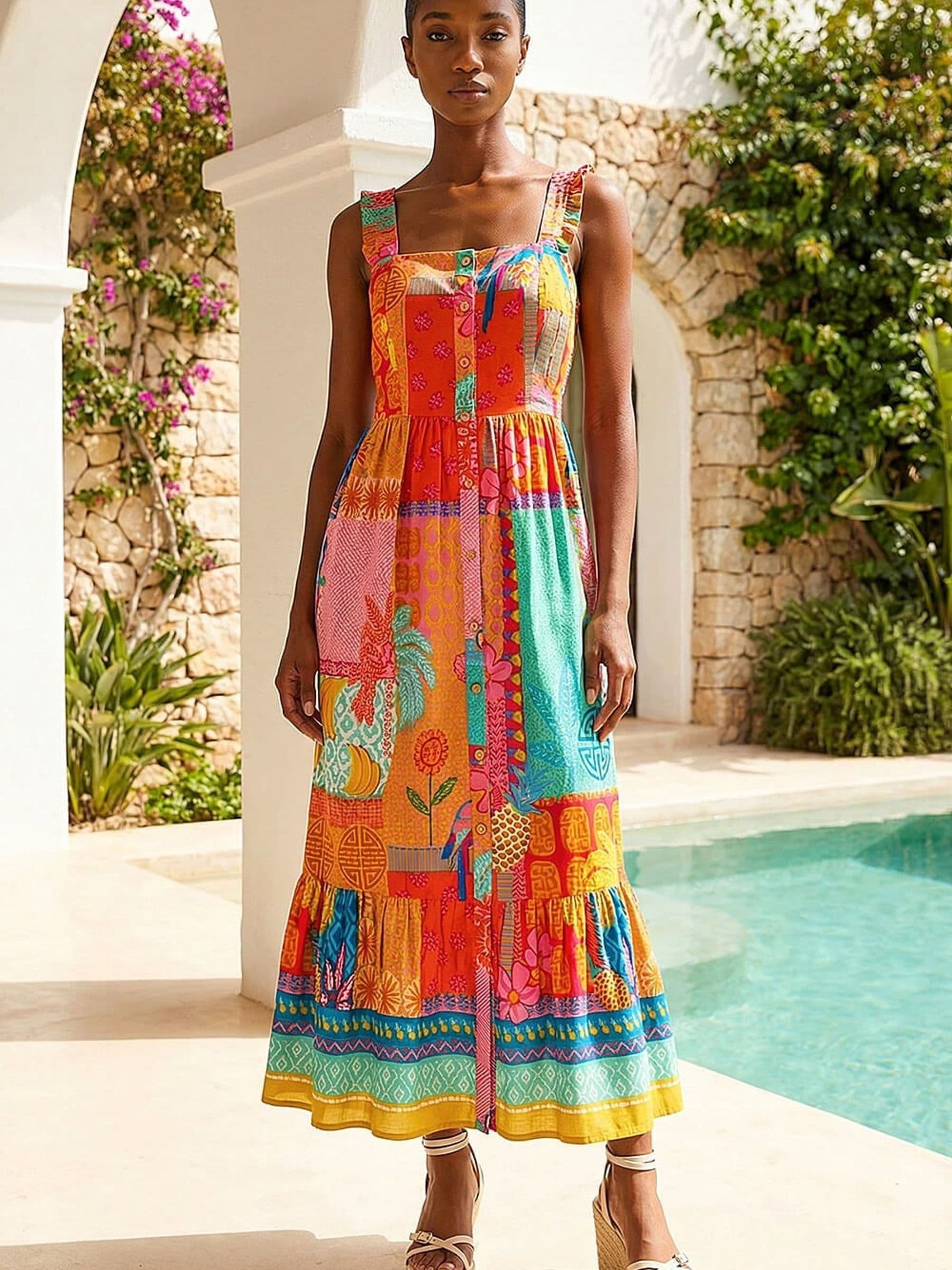 Roman Women's Pink Petite Patchwork Tiered Maxi Dress