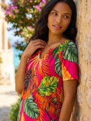 Roman Pink Tropical Print Notch Neck Stretch Top - Image 1 of 4