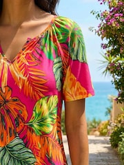 Roman Pink Tropical Print Notch Neck Stretch Top - Image 4 of 4