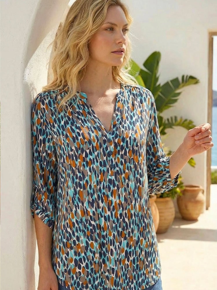 Roman Blue Spot Print Notch Neck Shirt - Image 1 of 4