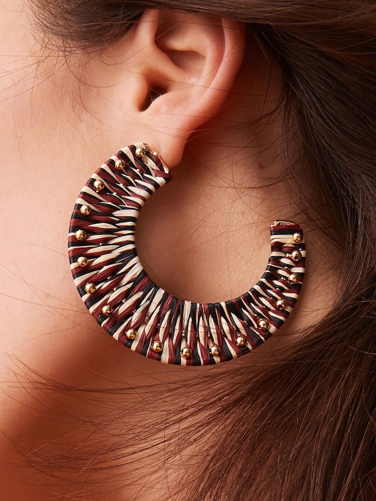 Rust Brown Statement Raffia Hoop Earrings - Image 2 of 4