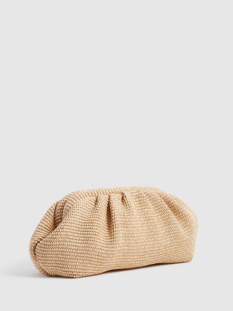 Reiss Neutral Delilah Raffia Ruched Clutch Bag - Image 4 of 7