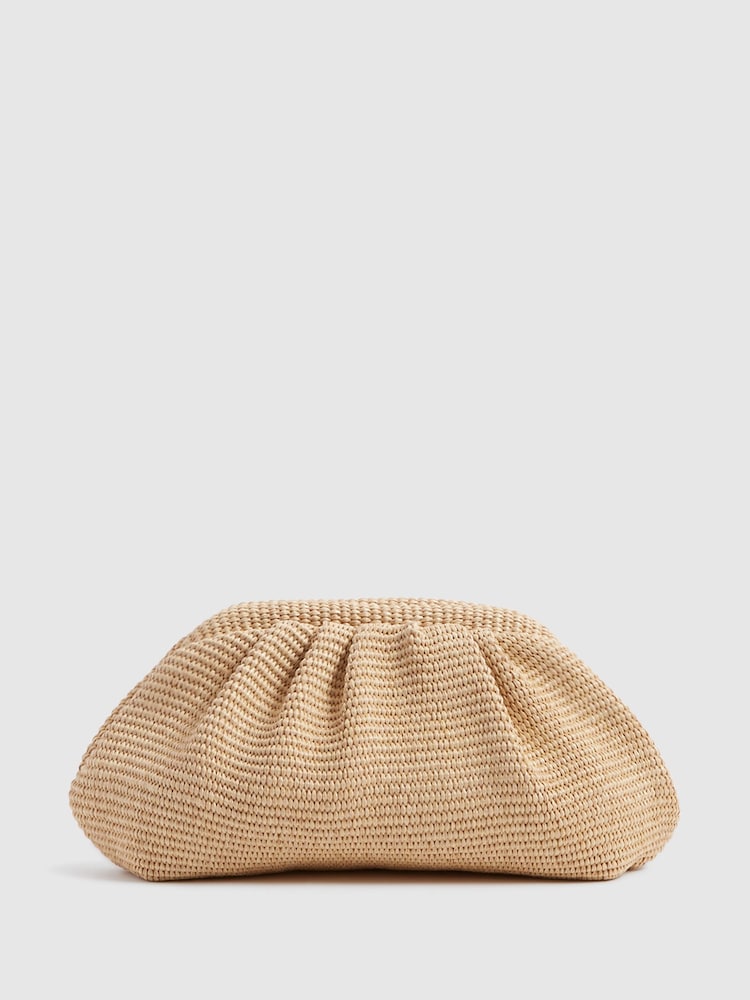 Reiss Neutral Delilah Raffia Ruched Clutch Bag - Image 5 of 7