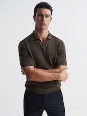 Reiss Dark Military Green Duchie Merino Wool Open Collar Polo Shirt - Image 1 of 7