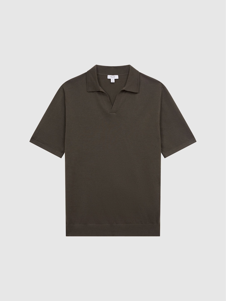 Reiss Dark Military Green Duchie Merino Wool Open Collar Polo Shirt - Image 2 of 7