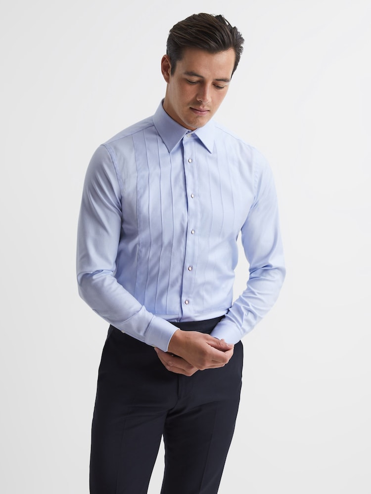 Reiss Soft Blue Gosling Pleated Bib Slim Fit Formal Dinner Shirt - Image 1 of 7