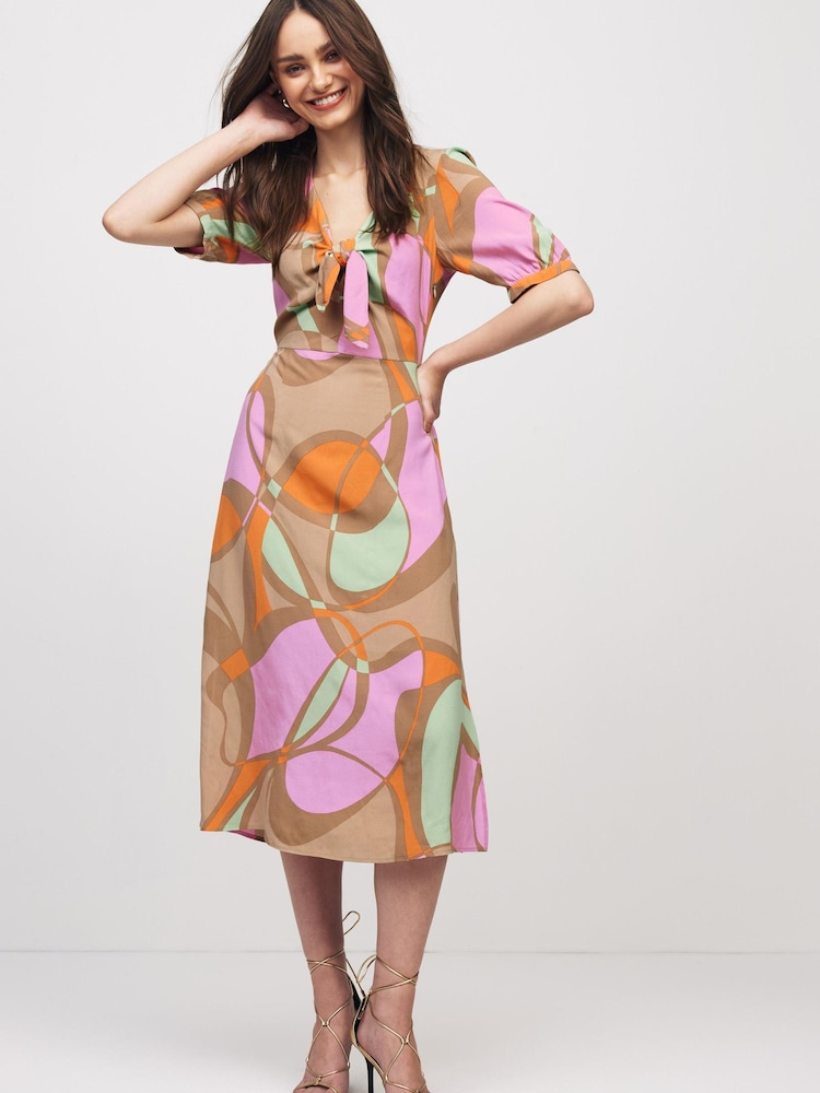 Emme Marella Nude Puff Sleeve Pavone Midi Dress - Image 3 of 5
