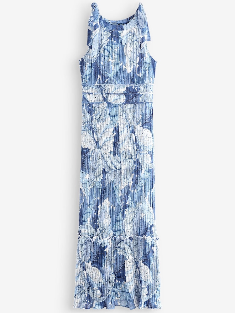 Синий с цветочным принтом Morris & Co. Acanthus - Плиссированное платье макси без рукавов - Image 6 of 6