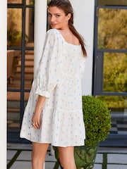 White/Blue Spot Off The Shoulder Square Neck Tiered Mini Dress - Image 3 of 5