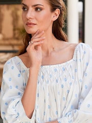 White/Blue Spot Off The Shoulder Square Neck Tiered Mini Dress - Image 4 of 5