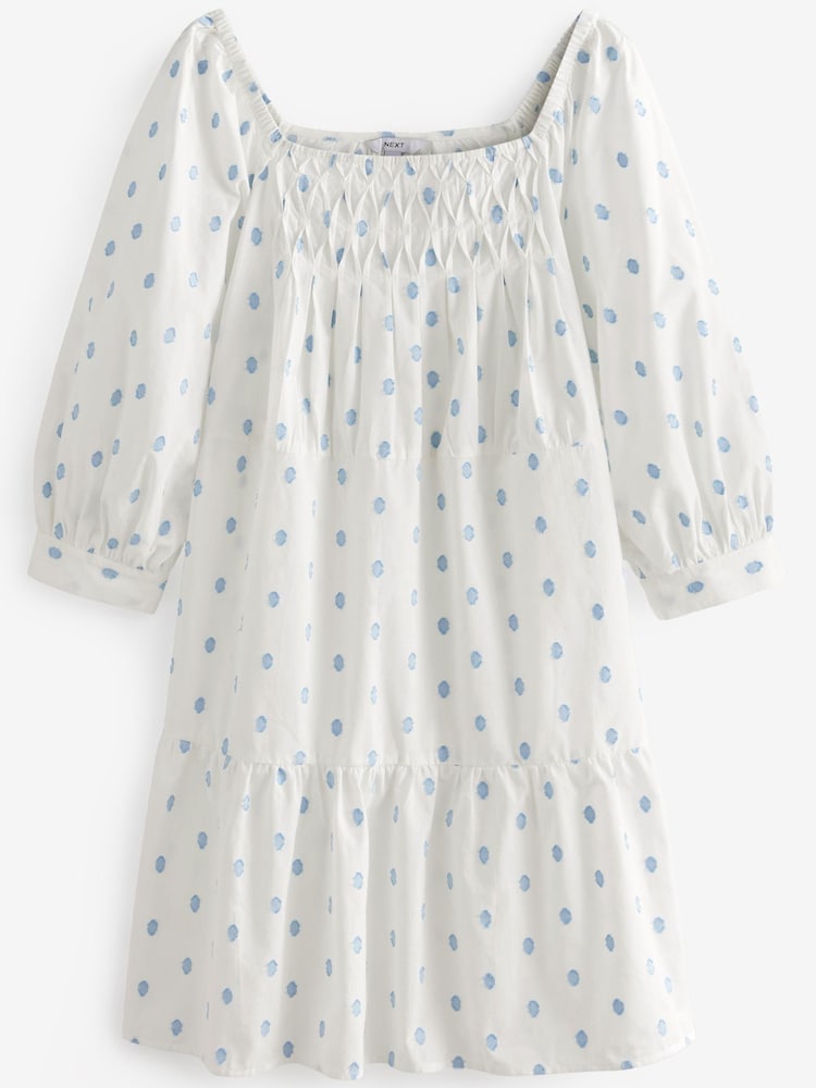 White/Blue Spot Off The Shoulder Square Neck Tiered Mini Dress - Image 5 of 5