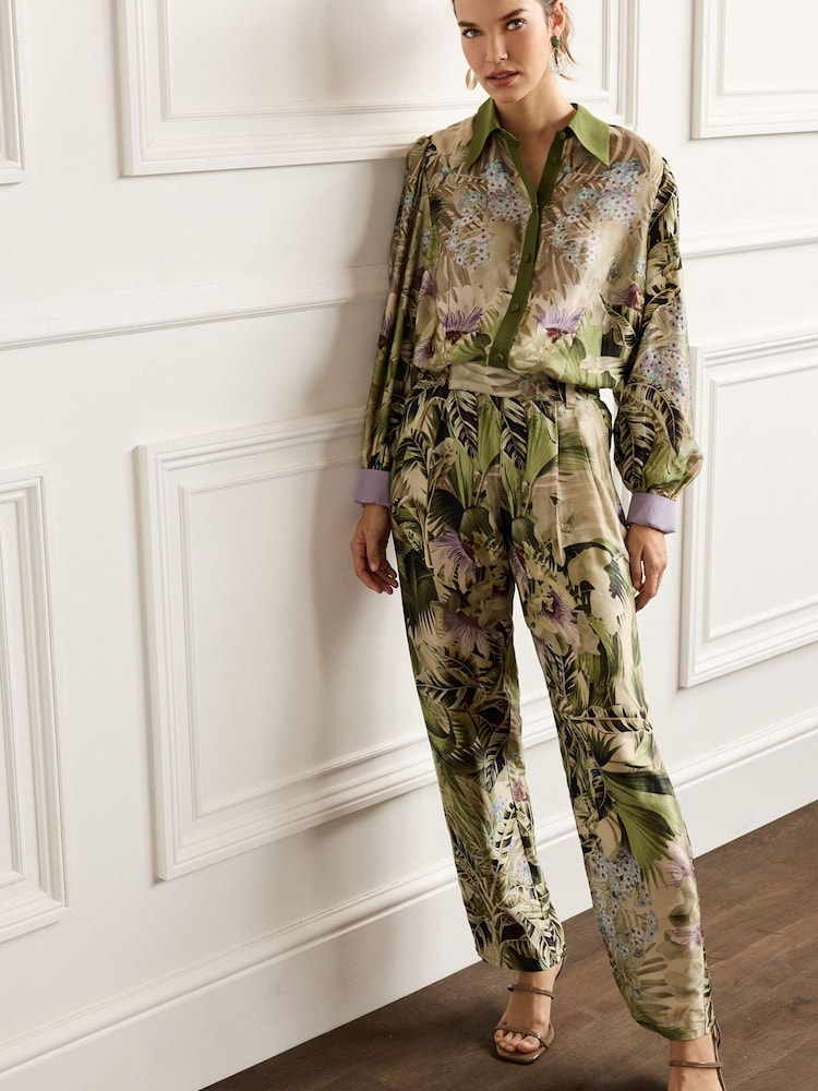 Khaki Green Palm Leaf Print Slim Tapered Trousers - Image 1 of 5