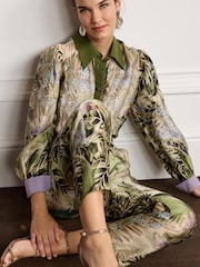Khaki Green Palm Leaf Print Slim Tapered Trousers - Image 4 of 5
