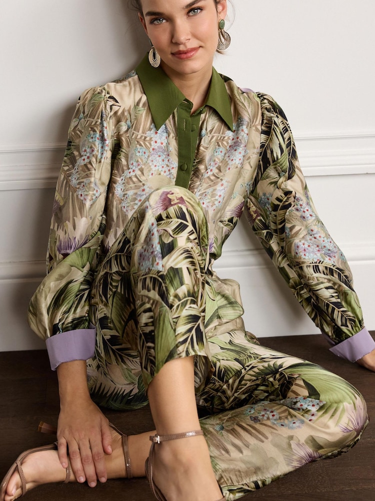 Khaki Green Palm Leaf Print Slim Tapered Trousers - Image 4 of 5